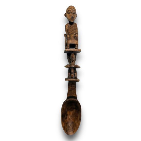 African Tribal Totem Art Carved Wood Ladle Spoon Ceremonial Seated Figure Scoop - Picture 2 of 16